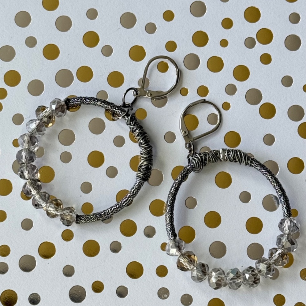 ZEVAR by TRESKA Earrings Bohemian Hoops Beaded Smokey Wire Wrap Silver